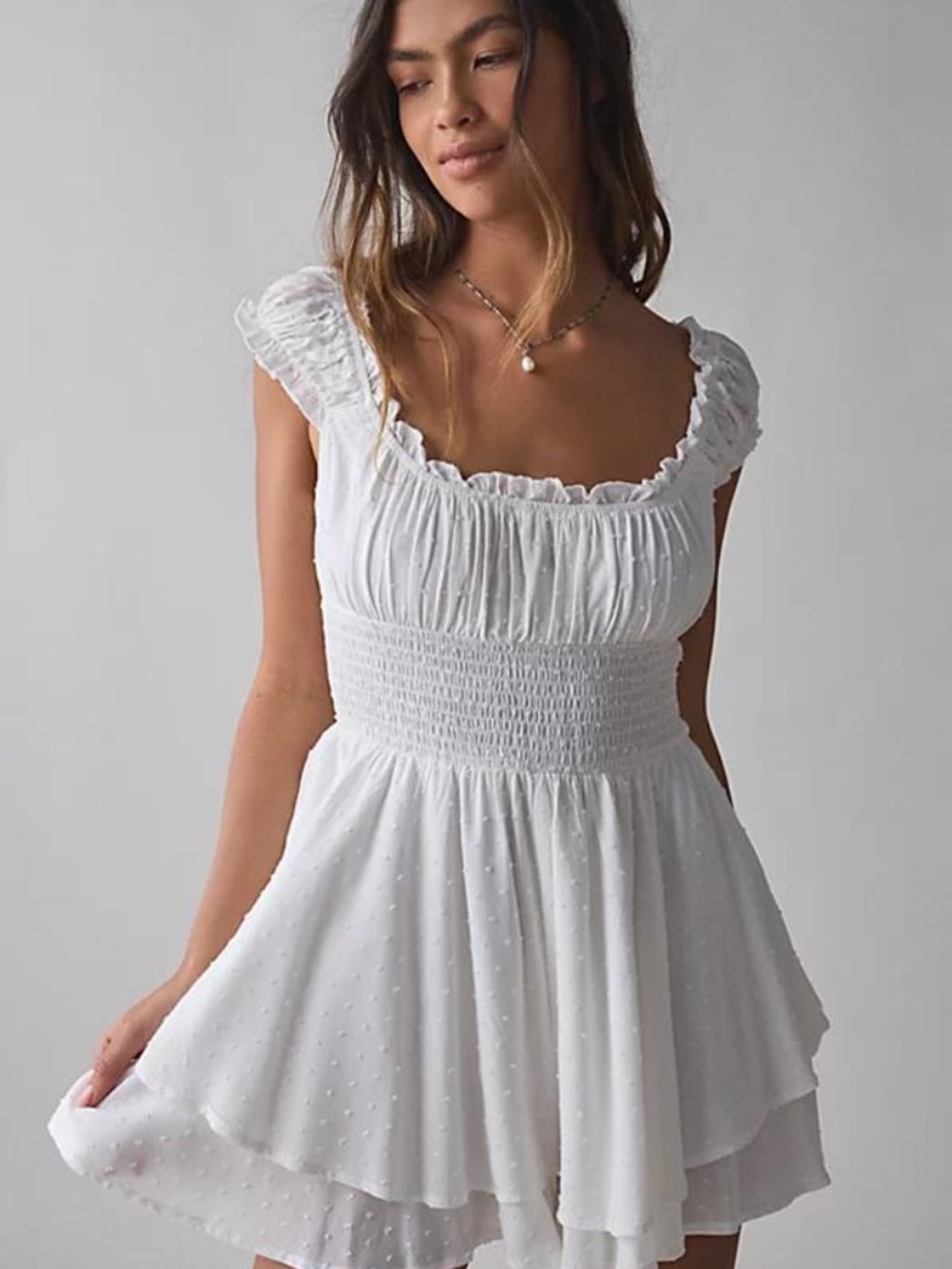 Urban Outfitters Rosie Smocked Tiered White Ruffle Romper - Size M